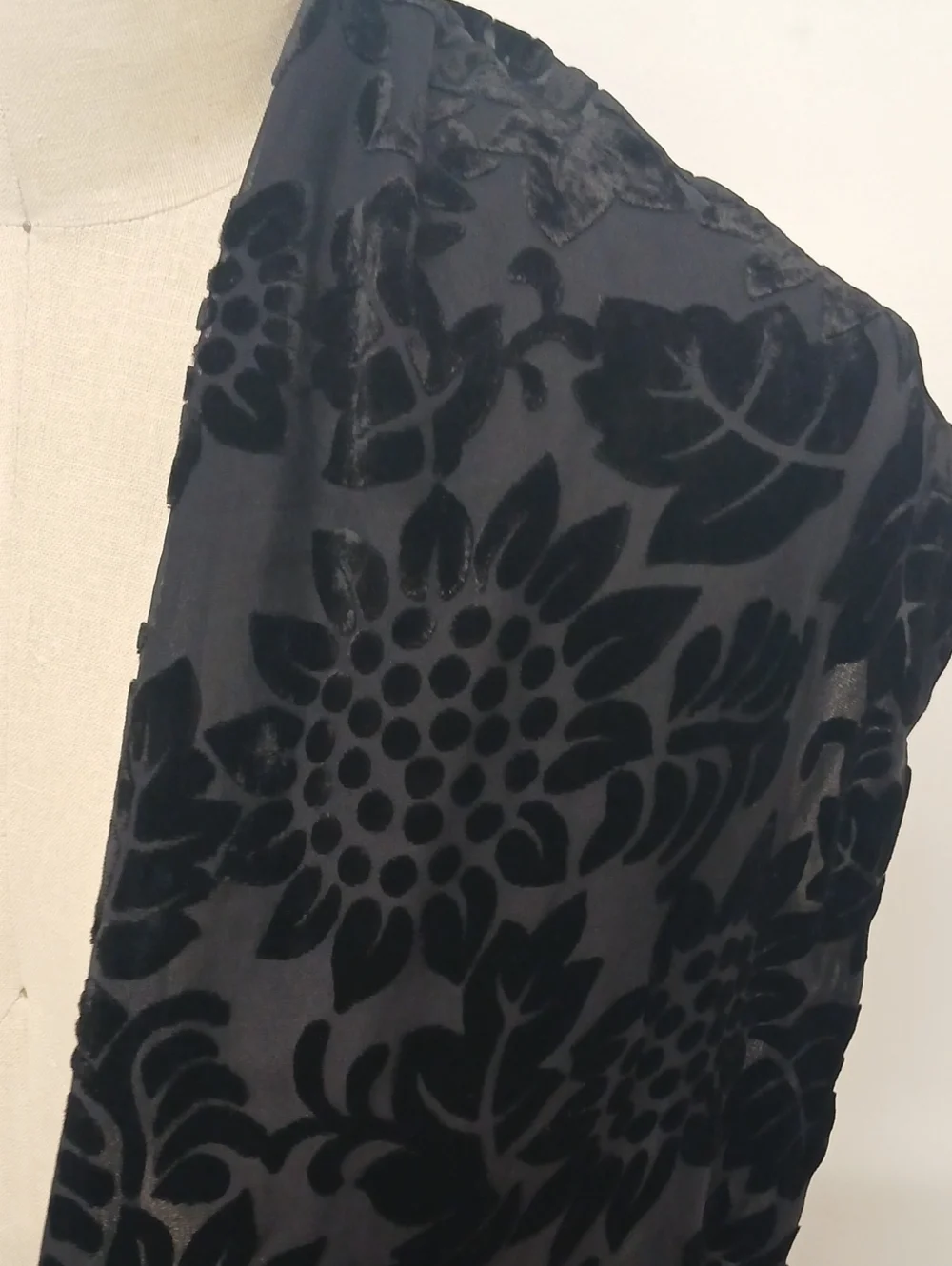 Vintage Ellaine Gold Black Floral Velvet and Silk Scarf Wrap